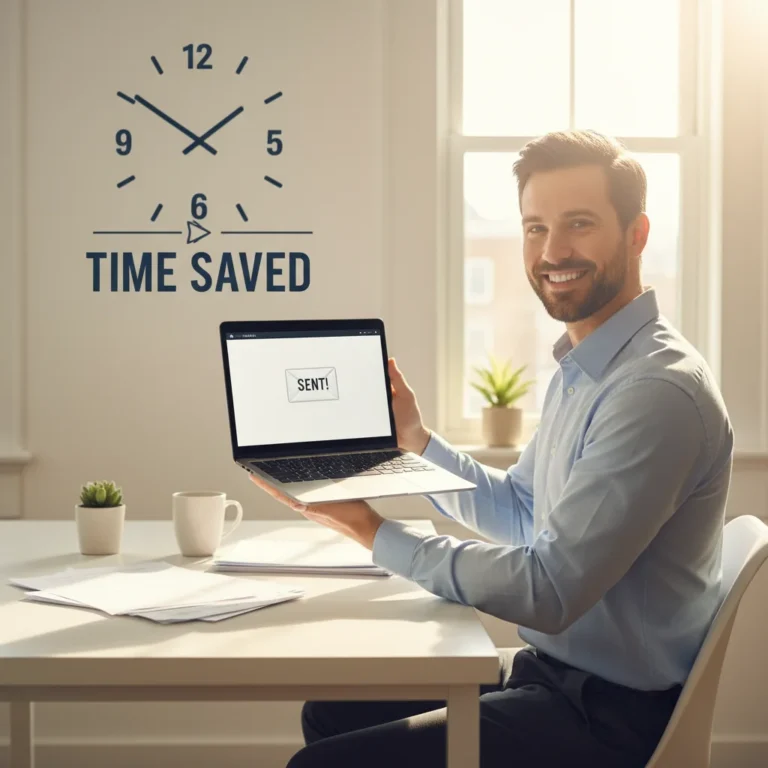 Smiling person completing a task quickly, symbolizing two-minute rule success