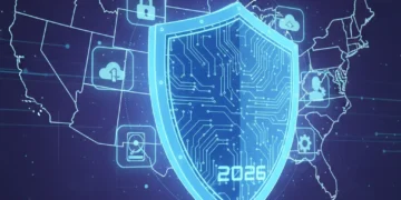 Digital shield protecting data icons over a US map for 2026 data privacy