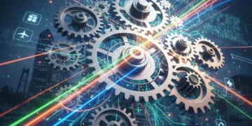 Futuristic gears and digital circuits representing US industry innovation and technological breakthroughs.