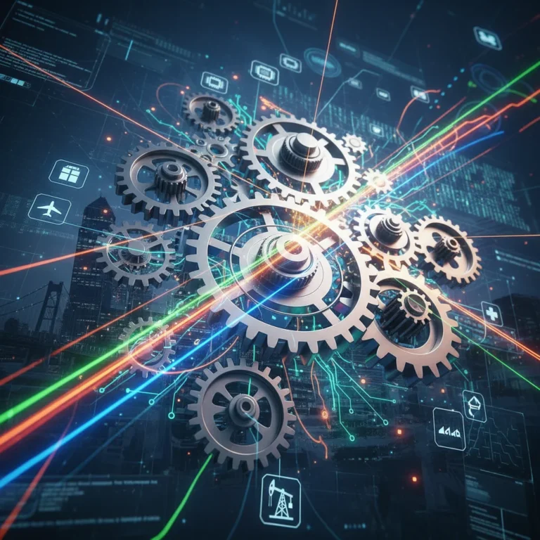 Futuristic gears and digital circuits representing US industry innovation and technological breakthroughs.