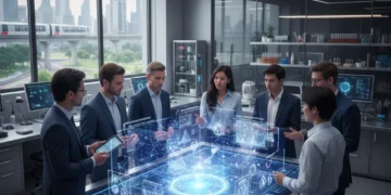 Driving US Innovation 2026: The Power of Strategic Questions Innovators collaborating on future technology, holographic display in a modern lab.