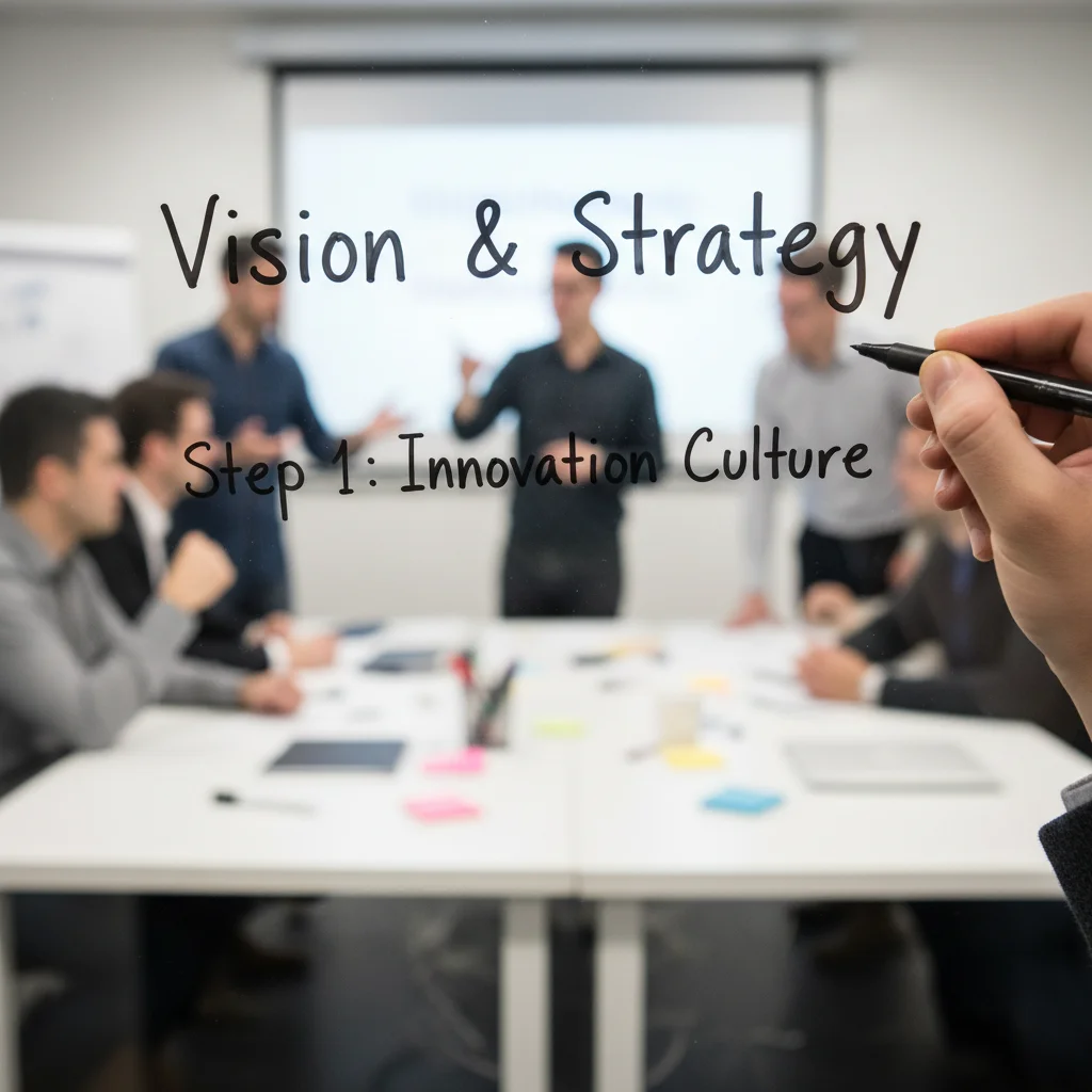 Hand writing 'Vision & Strategy' on a transparent board during an innovation workshop