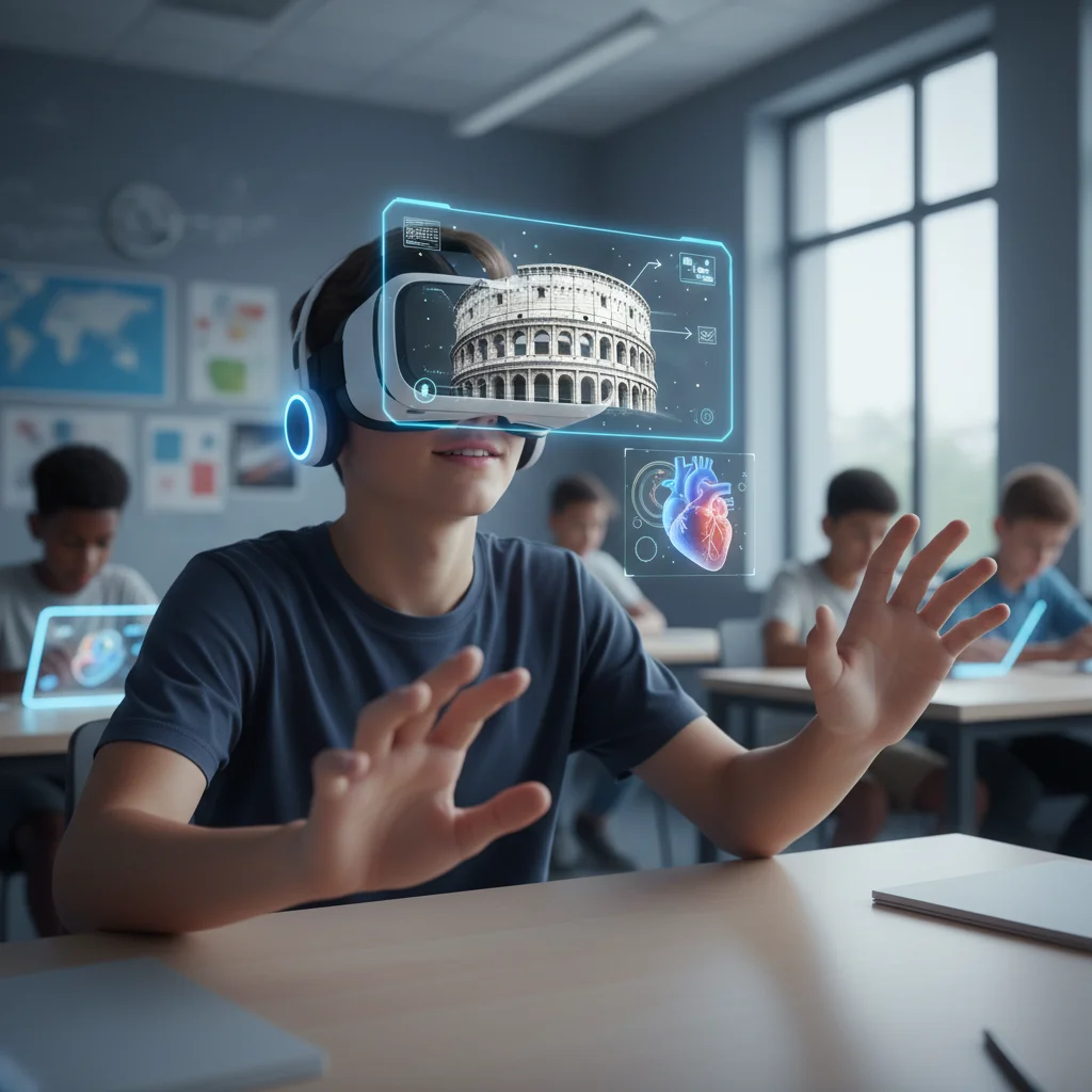 Student using virtual reality for an immersive educational experience, highlighting AI and technology integration in learning.