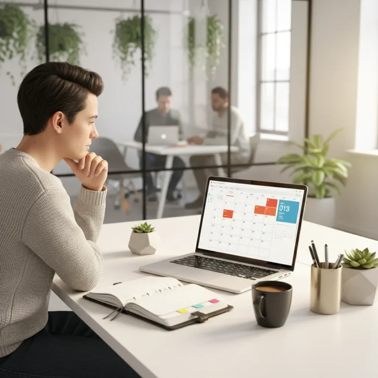 Person planning weekly tasks on laptop with a physical planner