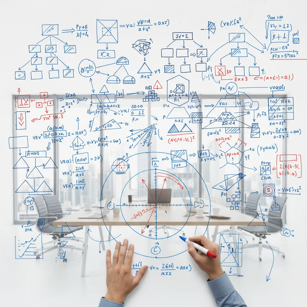 Complex problem-solving visualized on a whiteboard during a deep work session.