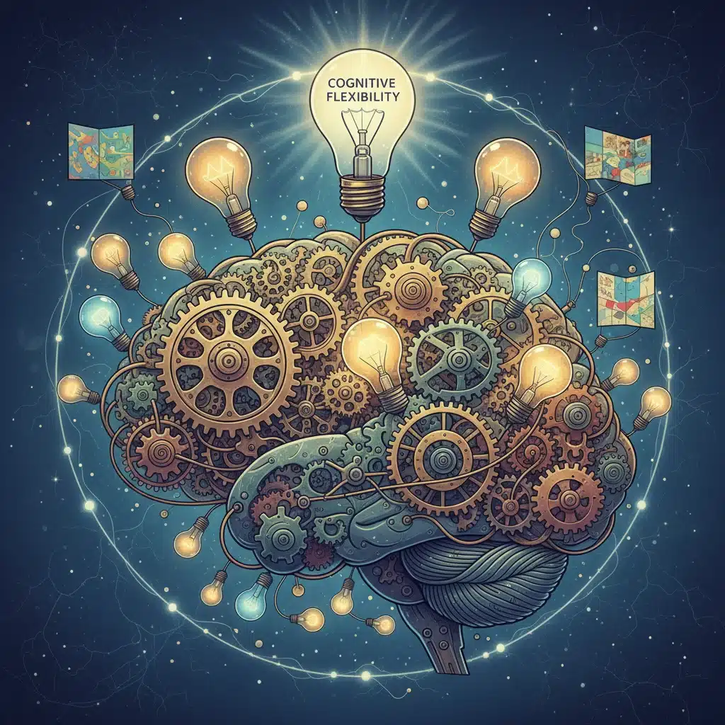 Brain with gears and lightbulbs representing cognitive flexibility and continuous learning.