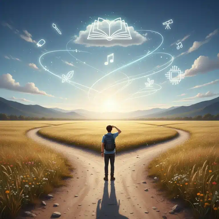 Person at crossroads contemplating new interests and life paths