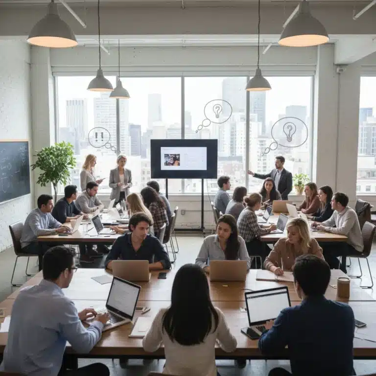 Diverse individuals collaborating, symbolizing curiosity and personal growth in a modern US setting.