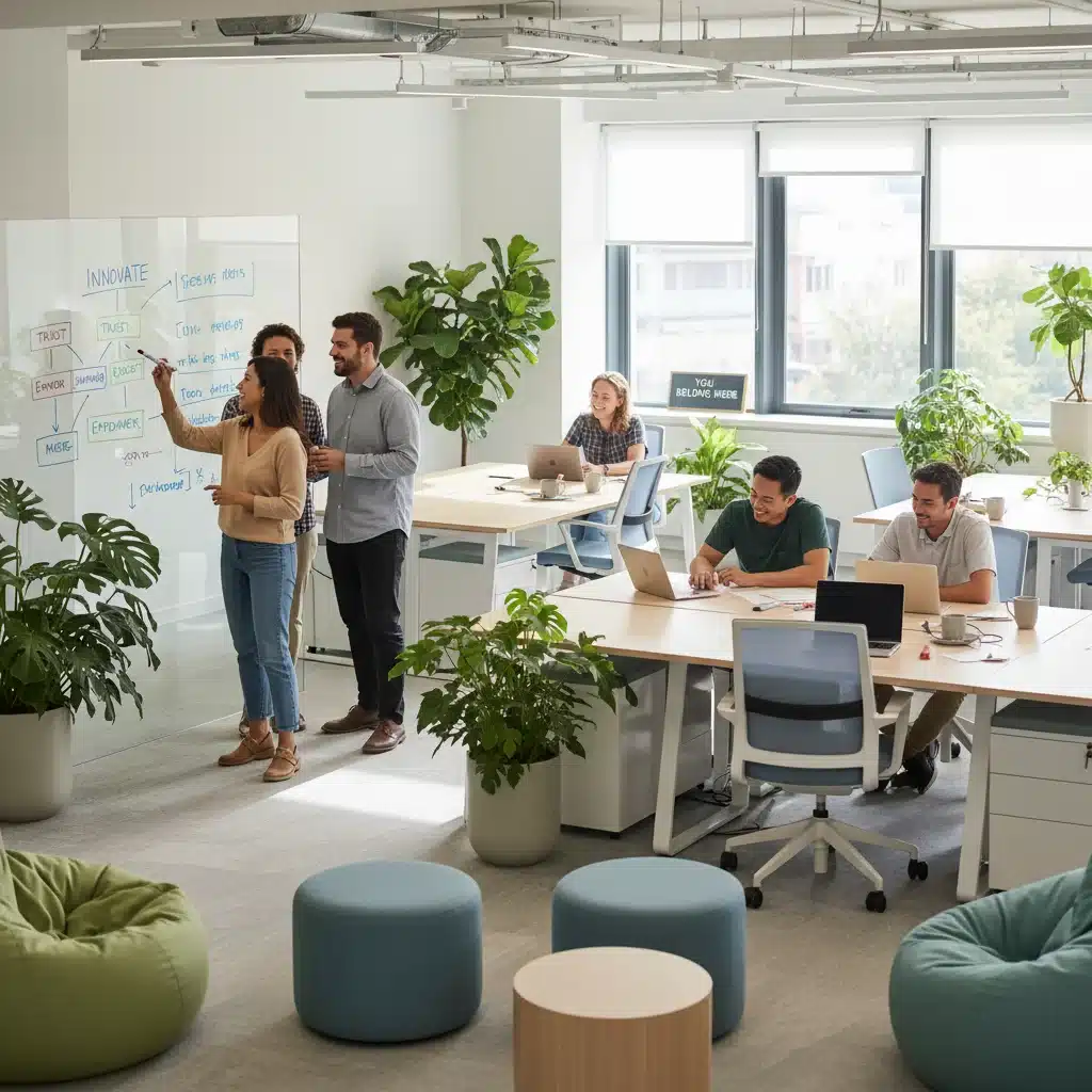 Diverse team collaborating in an open-plan office, fostering inclusive empowerment and psychological safety.