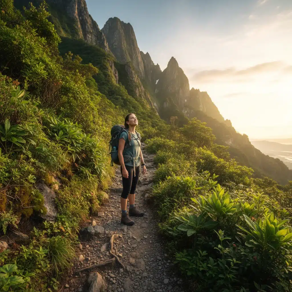 Person looking up a challenging mountain path with determination, symbolizing embracing challenges with a growth mindset.