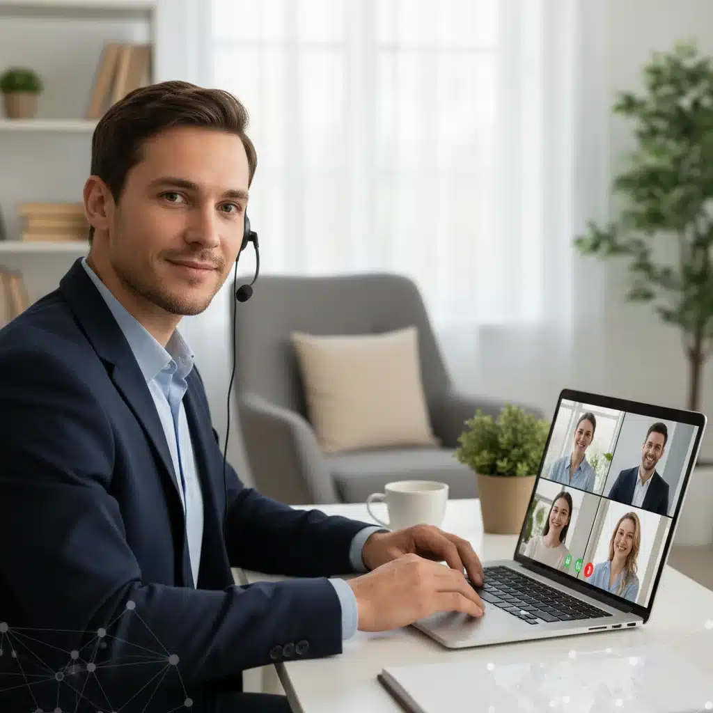 Professional freelancer on a video conference call, highlighting client communication.