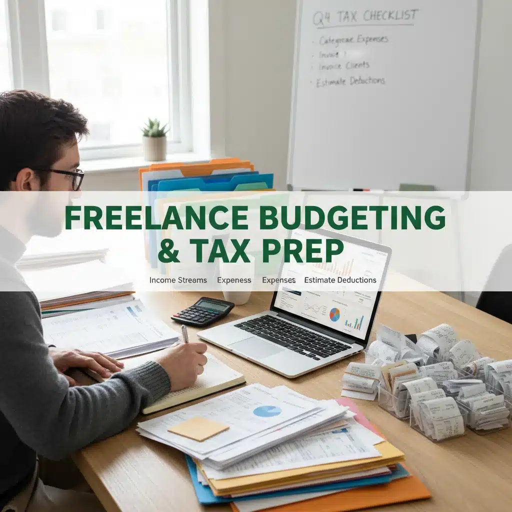 Freelancer organizing financial documents and using budgeting software for financial planning.