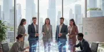 Diverse leaders collaborating on future strategies with holographic technology in a modern office.