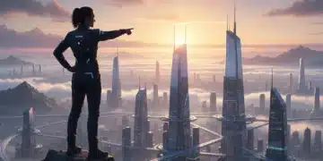 Person on mountain overlooking futuristic city at dawn, embodying a future-proof mindset for personal growth.