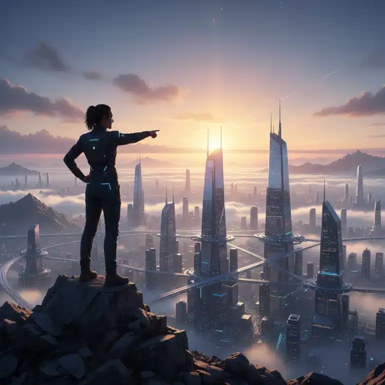 Person on mountain overlooking futuristic city at dawn, embodying a future-proof mindset for personal growth.