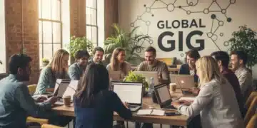 Diverse freelancers working collaboratively in a modern co-working space, representing the gig economy.