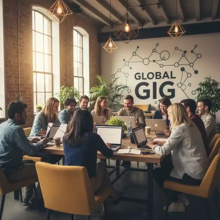 Diverse freelancers working collaboratively in a modern co-working space, representing the gig economy.