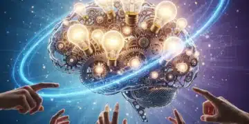 Unlock Your Potential: Boost Learning Rate by 25% with Growth Mindset Illustration of a brain with gears and lightbulbs, symbolizing an active and growing mind, with hands reaching towards it.