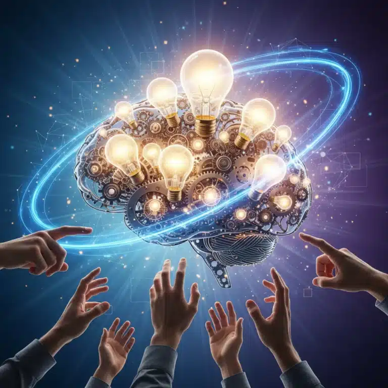 Illustration of a brain with gears and lightbulbs, symbolizing an active and growing mind, with hands reaching towards it.