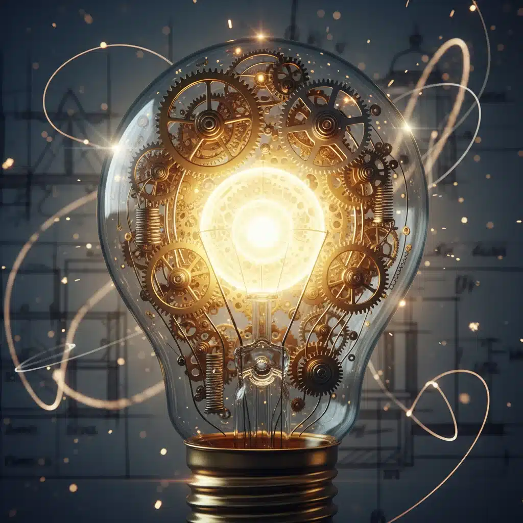 Lightbulb with gears, symbolizing innovative thought and problem-solving through curiosity.