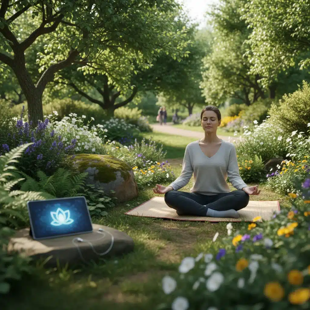 Person meditating in a park, taking a mindful break from digital devices.