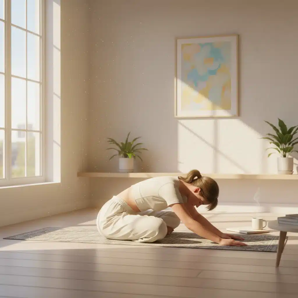 Person meditating or stretching in a sunlit room