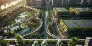 Modern city skyline with green infrastructure and engineers planning climate resilient projects