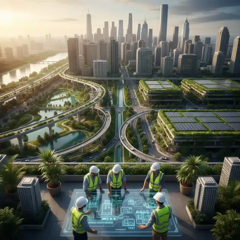 Modern city skyline with green infrastructure and engineers planning climate resilient projects