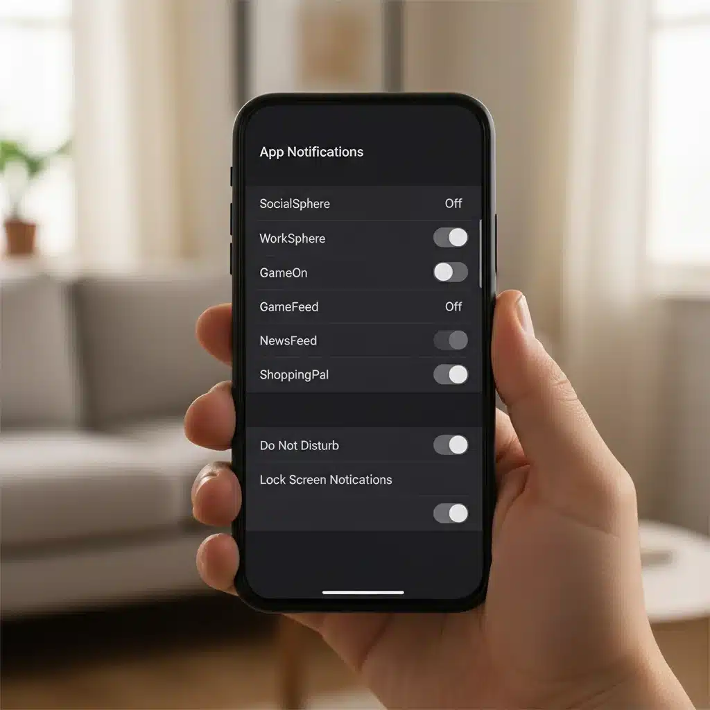 Smartphone screen showing notification settings with many app notifications turned off.