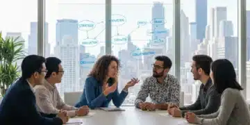 Professionals engaging in thoughtful discussion and questioning in a modern US office.