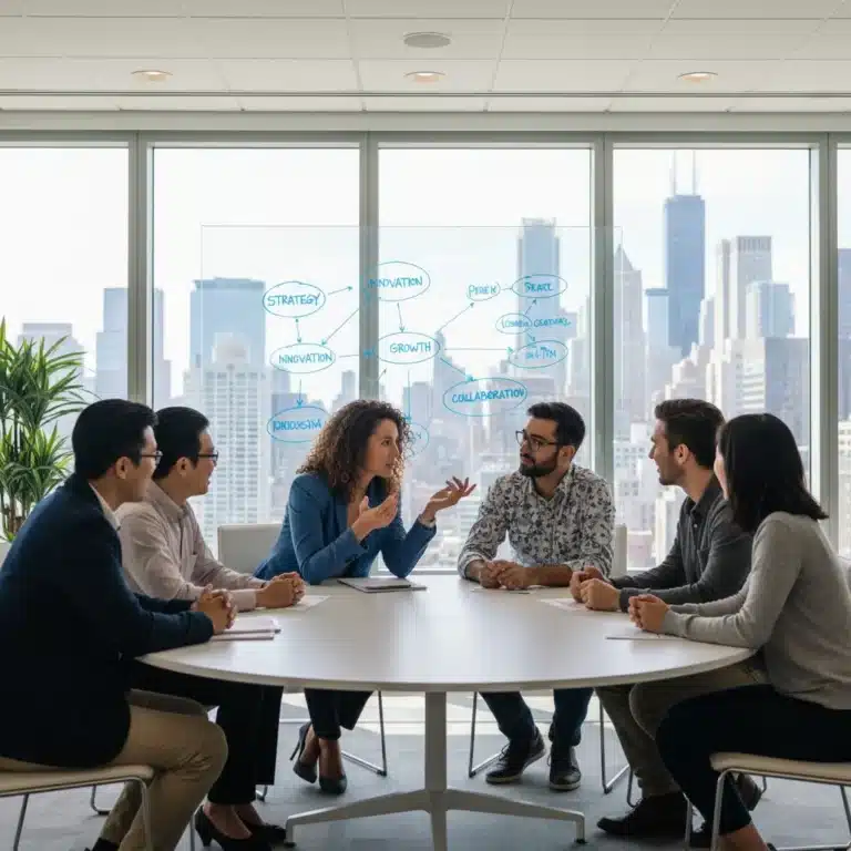 Professionals engaging in thoughtful discussion and questioning in a modern US office.