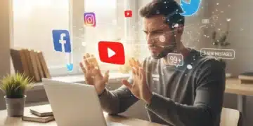 Person actively pushing away digital distractions while working on a laptop, symbolizing focus.