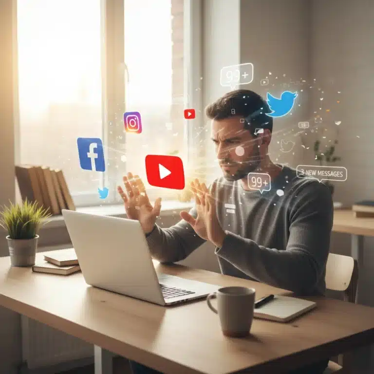 Person actively pushing away digital distractions while working on a laptop, symbolizing focus.