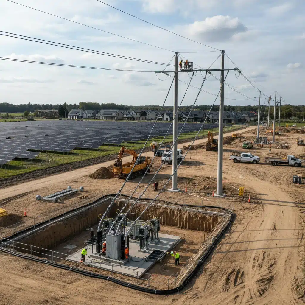 Construction workers installing resilient energy infrastructure including microgrids and solar panels