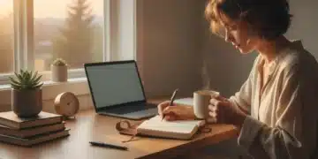 Person focused on work at a desk during a serene morning routine