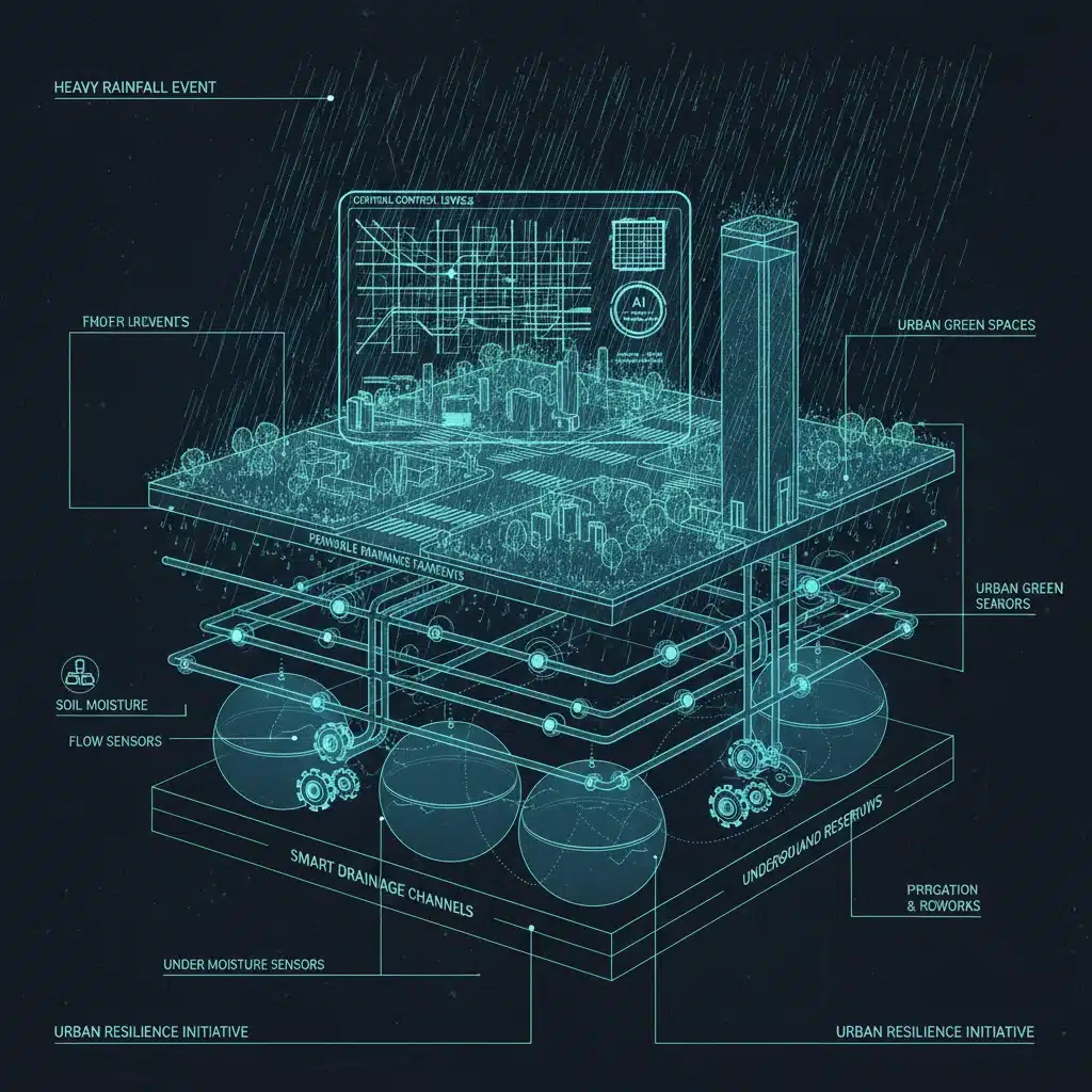 Smart urban water management system diagram with permeable pavements and sensors