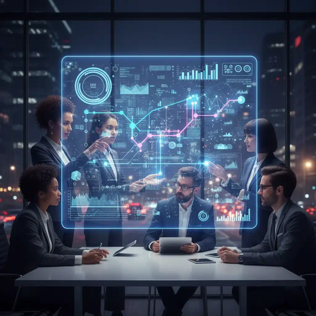 Diverse team collaborating around holographic project, demonstrating adaptive strategy and innovation.