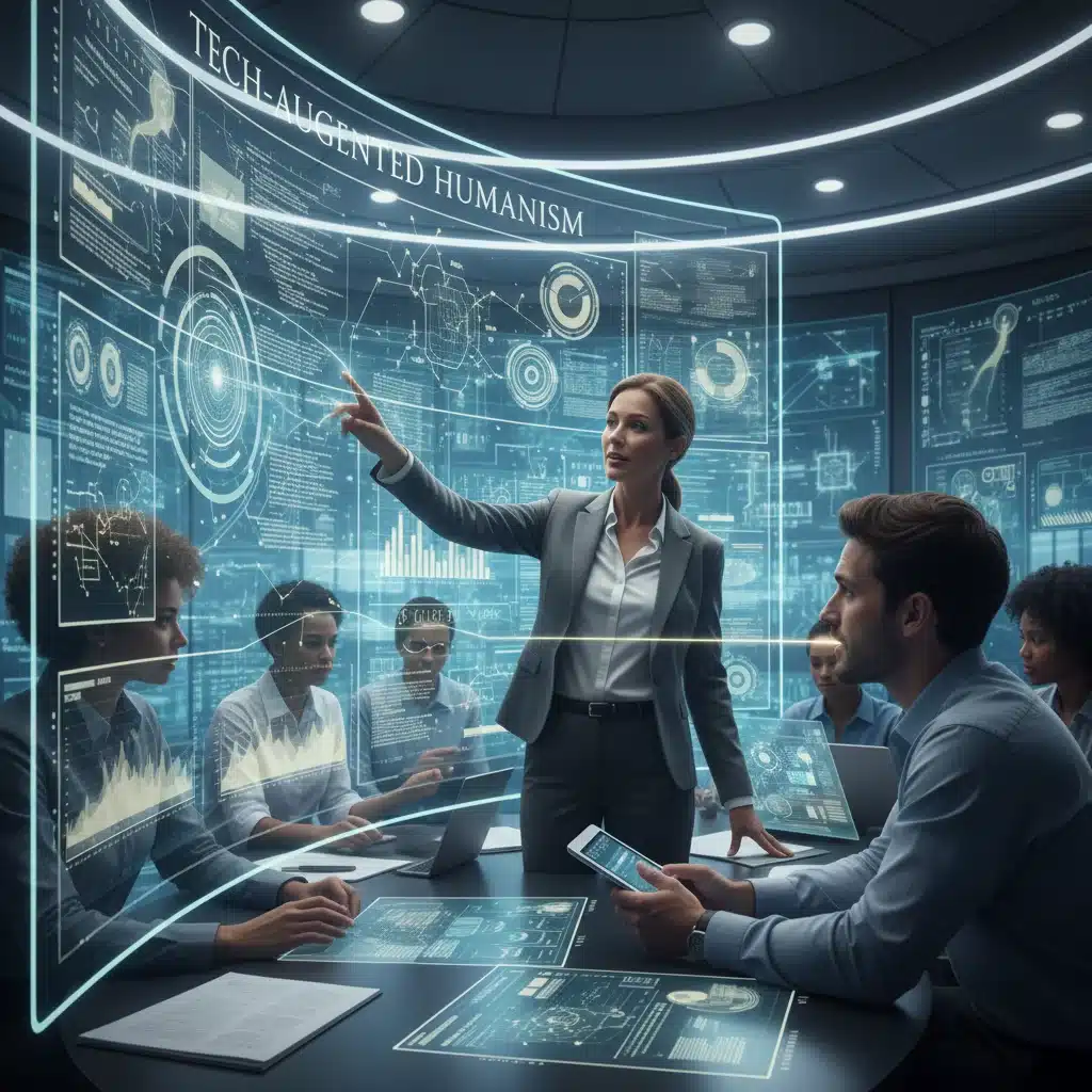 Leader leveraging AI data visualization while actively engaging with a human team member, illustrating tech-augmented humanism.
