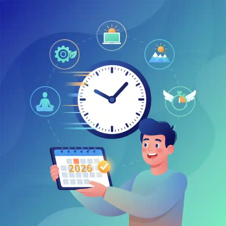 Clock face with productivity icons and a smiling person, symbolizing time management and reclaimed hours.