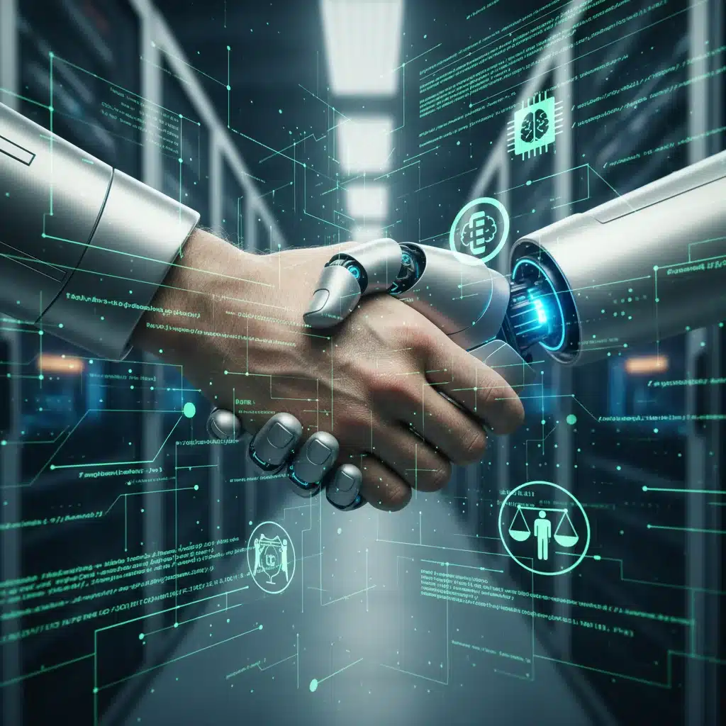 Robotic and human hands shaking, symbolizing AI ethics and collaboration