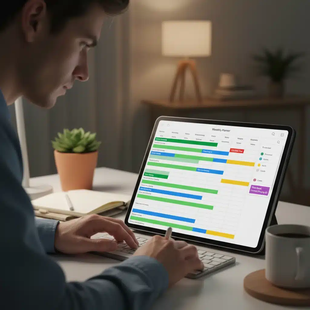 Person planning weekly tasks with a digital productivity planner and color-coded schedule.