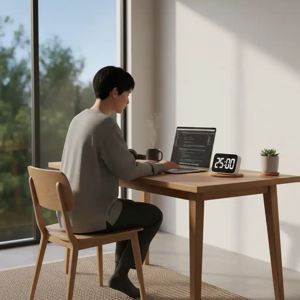 Focused person working at a desk with a timer, demonstrating the 20-minute rule in action.