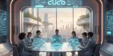 Futuristic office with team using digital tools for workflow efficiency