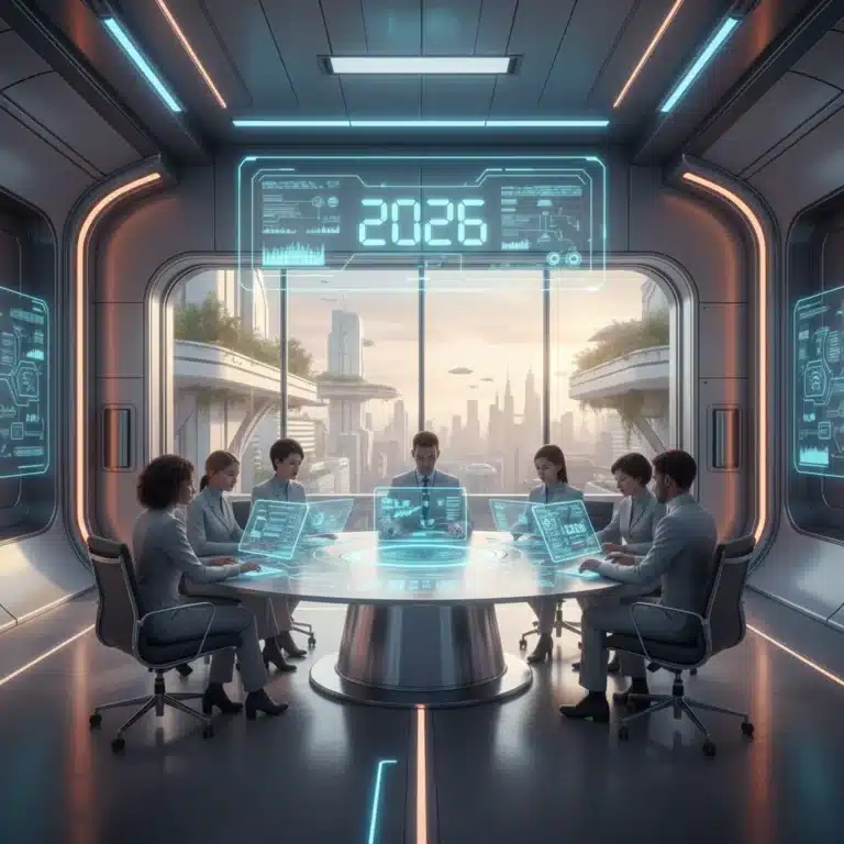Futuristic office with team using digital tools for workflow efficiency