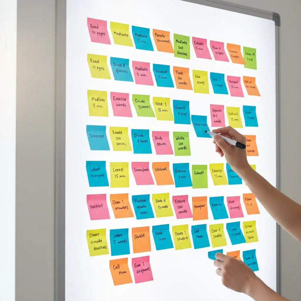 Whiteboard with colorful sticky notes showing breakdown of large goals into smaller, achievable steps.