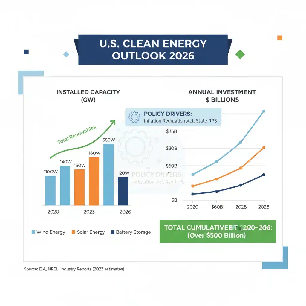 Infographic comparing growth projections for solar, wind, and battery storage in the US through 2026.