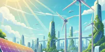 Illustration of interconnected solar panels, wind turbines, and battery storage, representing green energy investments.