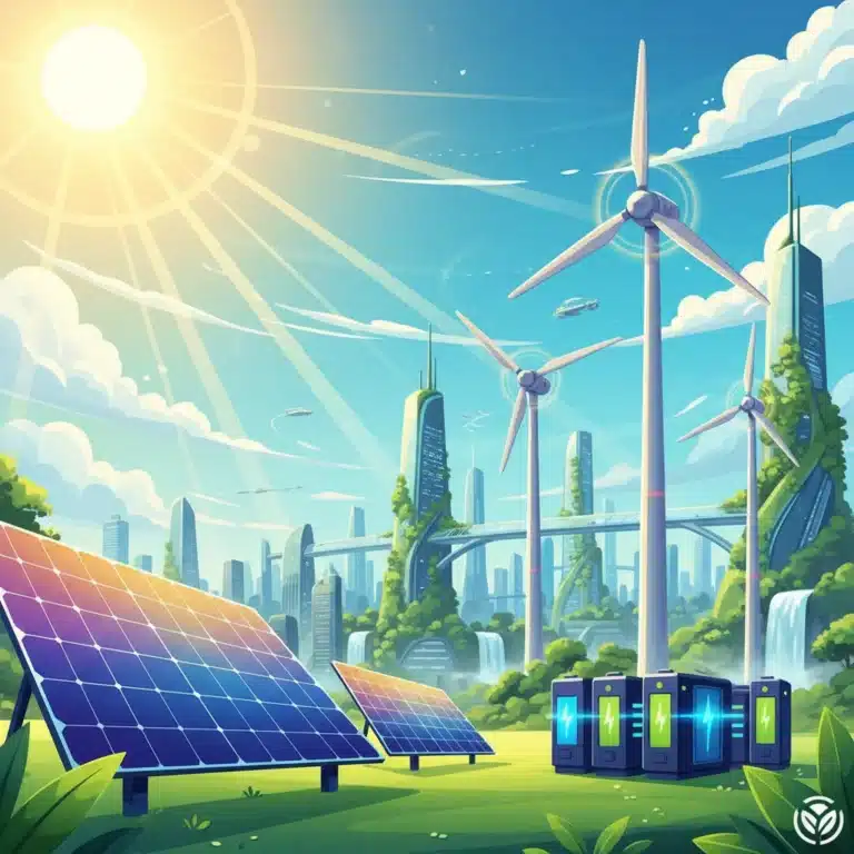 Illustration of interconnected solar panels, wind turbines, and battery storage, representing green energy investments.