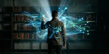 A person engaging with a holographic projection of evolving data streams in a library, symbolizing curiosity in a changing world.