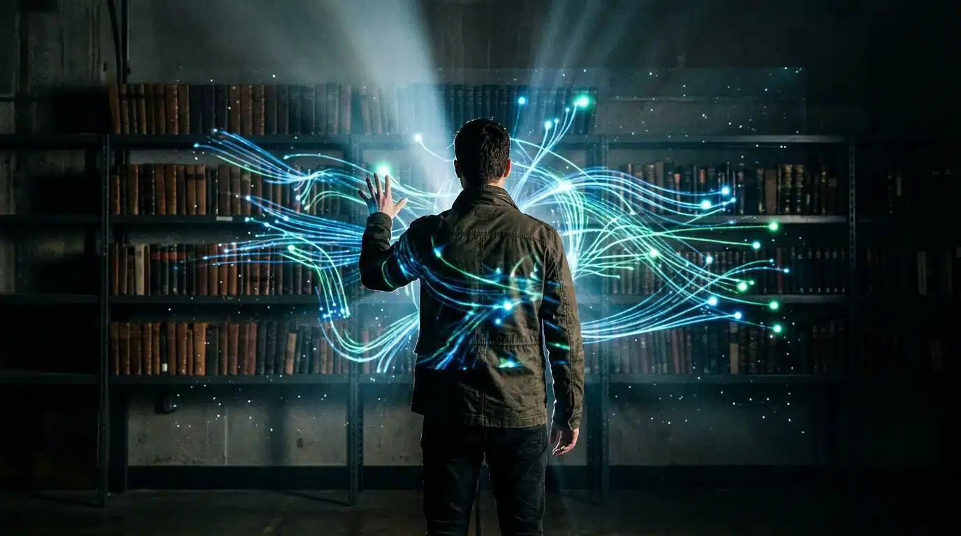 A person engaging with a holographic projection of evolving data streams in a library, symbolizing curiosity in a changing world.